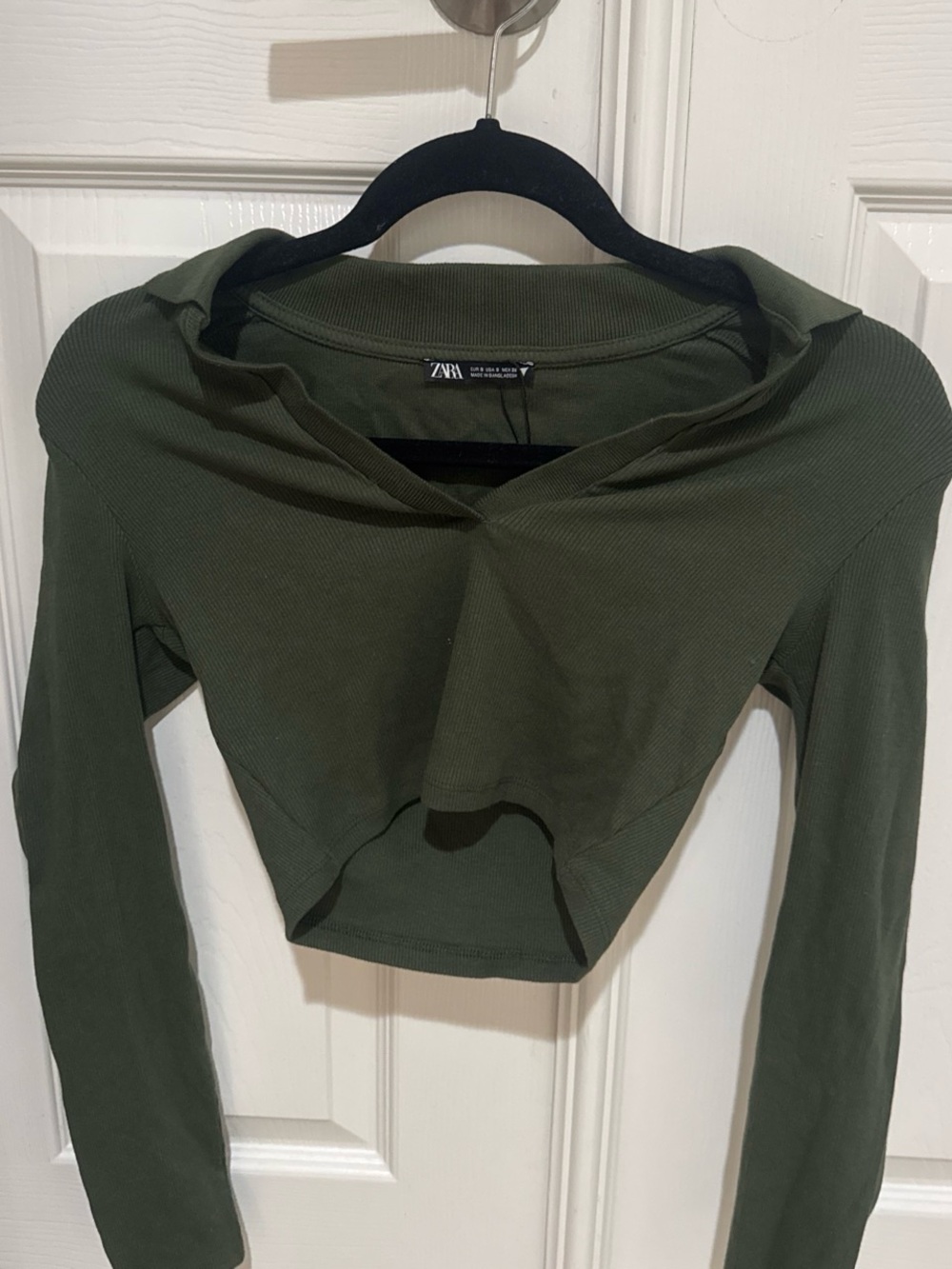 ZARA Olive Green Ribbed Cropped Long-Sleeve Top